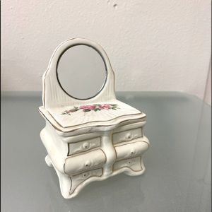 Vintage Porcelain Vanity Dresser Trinket Box Pink Roses Gold w Real Mirror